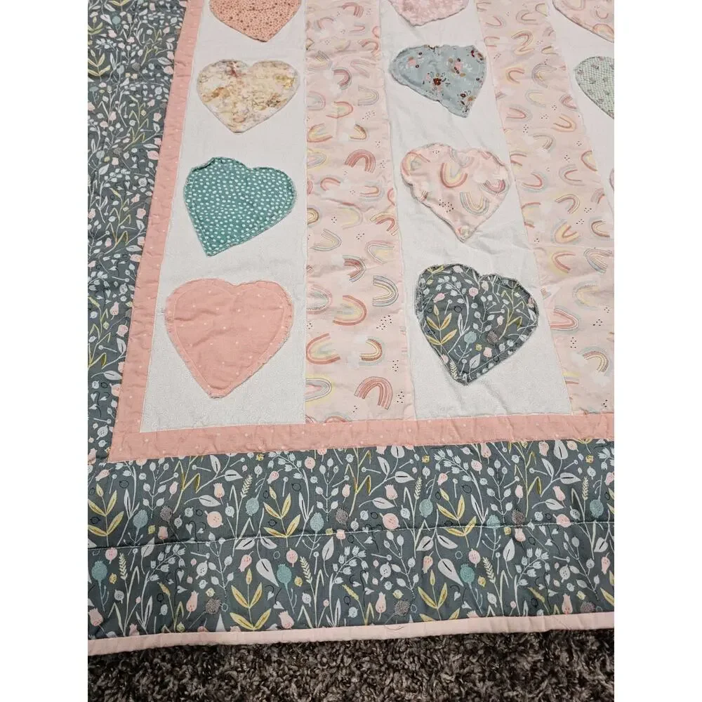 Handmade Baby Crib Quilt Patchwork Heart Print Pastel Colors Cottagecore
